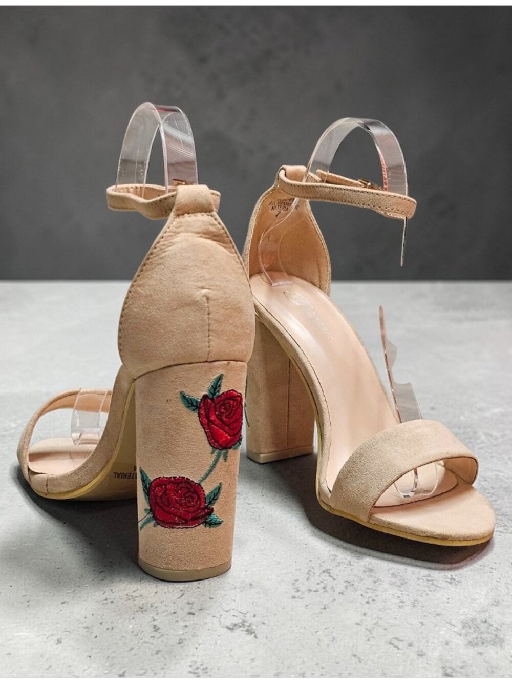 Beige Rose Embroidered Block Heel Sandals With Adjustable Ankle Strap & Open Toe